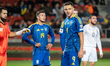Nazar Voloshyn and Oleksiy Gutsulyak play during the FIFA World Cup 2026 Qualifier match b...
