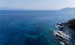 Drone view of the rocky coastline near Paralia Emplisi in Cefalonia, Greece, on September...