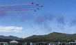 The South Korean Air Force's aerobatic team, the Black Eagles, performs a demonstration fl...