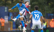 Odin Bailey #27 of Stockport County F.C. heads the ball during the Sky Bet League 1 match...