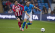 Ethan Pye #15 of Stockport County F.C. possesses the ball during the Sky Bet League 1 matc...