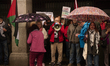 Demonstrators gather at Plaza de la Provincia in Madrid, Spain, on October 21, 2025, to pr...