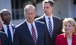 US Senate Majority Leader John Thune (R-SD) speaks to the media outside the West Wing of t...