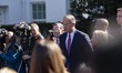 US Senate Majority Leader John Thune (R-SD) speaks to the media outside the West Wing of t...