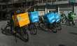 NICOSIA, CYPRUS - OCTOBER 22:Wolt and Foody delivery company bikes are parked in Elefther...