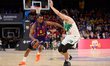 Kevin Punter of FC Barcelona competes with Edgaras Ulanovas of Zalgiris Kaunas during the...