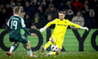 Panathinaikos FC forward Karol Swiderski and SC Feyenoord Rotterdam goalkeeper Timon Welle...
