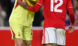 Matz Sels, the Nottingham Forest goalkeeper, is with Douglas Luiz of Nottingham Forest dur...