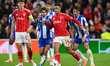 Dan Ndoye of Nottingham Forest is under pressure from Rodrigo Mora and Gabri Veiga of FC P...