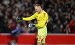 Matz Sels, Nottingham Forest goalkeeper, celebrates victory during the UEFA Europa League...