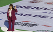Clara Brugada, wearing a wine-colored suit, is the Mayor of Mexico City. She attends the i...