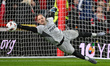 Matz Sels, the Nottingham Forest goalkeeper, warms up ahead of kick-off during the UEFA Eu...