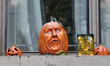 A closeup of Halloween decorations is outside the entrance of an Upper East Side residence...