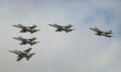 Five McDonnell Douglas EF-18 Hornets of the Spanish Air Force fly in formation over the To...