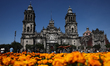 A view of the Mexico City Metropolitan Cathedral and the Mega Ofrenda at Zocalo in Mexico...