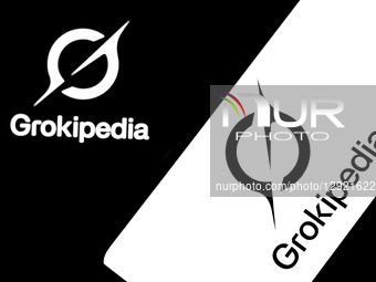 The Grokipedia logo appears on a smartphone screen and as the background on a laptop computer screen in this photo illustration in Athens, G... by Nikolas Kokovlis/NurPhoto