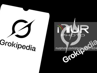 The Grokipedia logo appears on a smartphone screen and as the background on a laptop computer screen in this photo illustration in Athens, G... by Nikolas Kokovlis/NurPhoto