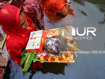 A Hindu woman devotee worships the Sun god at the Shrine Galta Ji Temple 'Kund' during the 'Chhath Puja' festival in Jaipur, Rajasthan, Indi... by Vishal Bhatnagar/NurPhoto