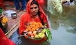 A Hindu woman devotee worships the Sun god at the Shrine Galta Ji Temple 'Kund' during the...