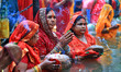 Hindu women devotees worship the Sun god at the Shrine Galta Ji Temple 'Kund' during the '...