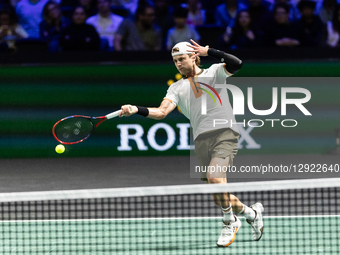 Zizou Bergs (BEL) plays against Jannik Sinner (ITA) in the men's singles match on day three of the Paris ATP Masters 1000 tennis tournament... by Ibrahim Ezzat/NurPhoto