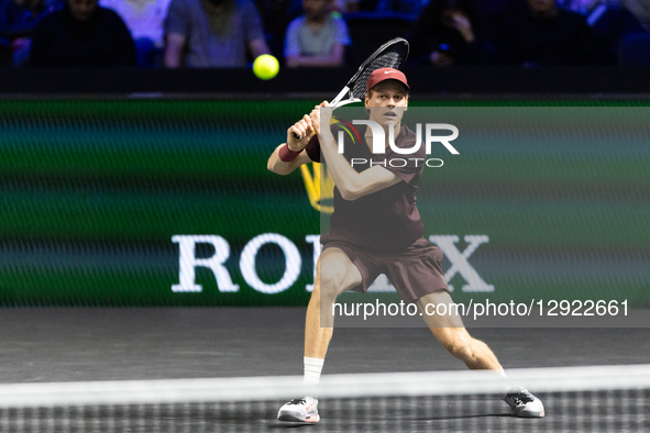 Jannik Sinner (ITA) plays against Zizou Bergs (BEL) in his men's singles match on day three of the Paris ATP Masters 1000 tennis tournament... by Ibrahim Ezzat/NurPhoto