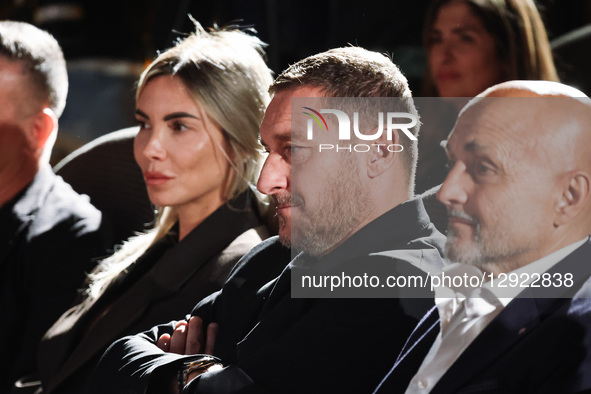 Francesco Totti, a former Italian footballer, Luciano Spalletti, an Italian football coach, and Noemi Bocchi are seen during the press confe... by Alessandro Bremec/NurPhoto