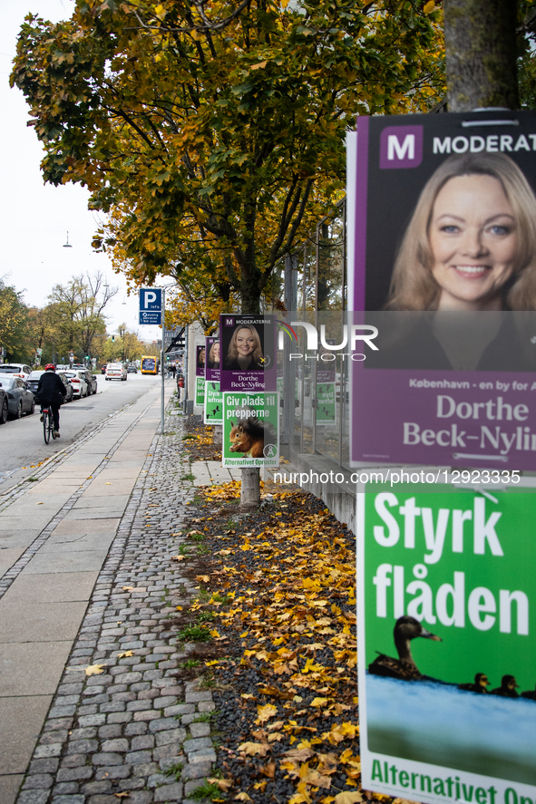 People ride bicycles past election campaign posters for Dorthe Beck-Nyling of the Moderates and the Alternative in Copenhagen, Denmark, on O... by Kristian Tuxen Ladegaard Berg/NurPhoto