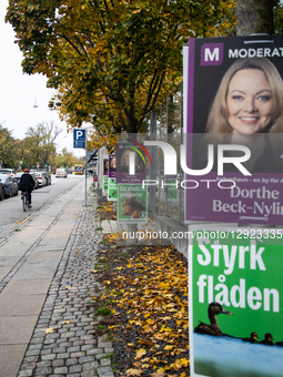 People ride bicycles past election campaign posters for Dorthe Beck-Nyling of the Moderates and the Alternative in Copenhagen, Denmark, on O... by Kristian Tuxen Ladegaard Berg/NurPhoto