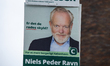 An election campaign poster for Niels Peder Ravn of the Conservative People's Party is see...