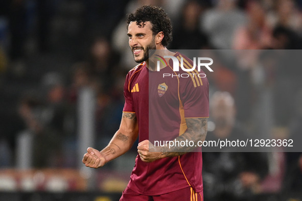 Mario Hermoso of A.S. Roma celebrates after scoring the goal of 1-0 during the 9th day of the Serie A Championship between A.S. Roma and Par... by Domenico Cippitelli/NurPhoto