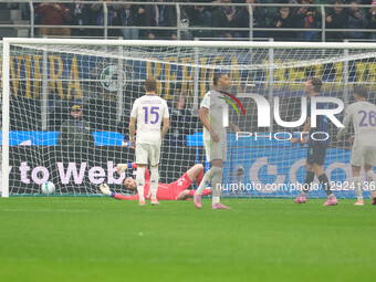 Hakan Calhanoglu of FC Internazionale scores the first goal of the soccer match between FC Internazionale and ACF Fiorentina, MD9 of the Ser... by Roberto Tommasini/NurPhoto