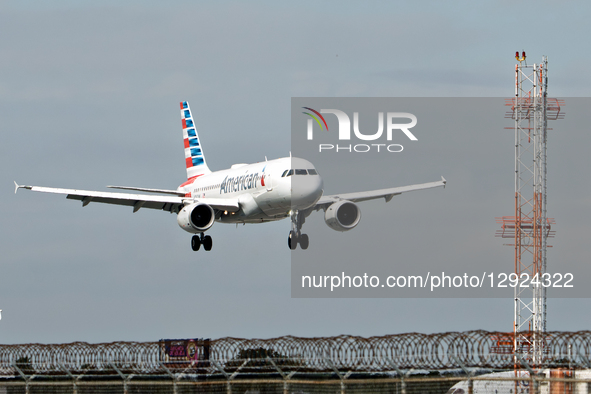 An American Airlines airplane approaches Miami International Airport for landing in Miami, Florida.  by Ronen Tivony/NurPhoto