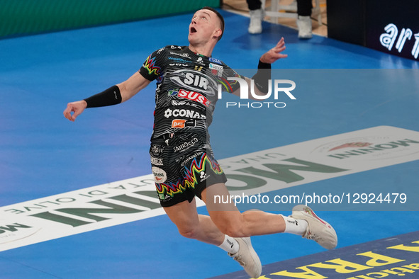 Plotnytskyi Oleh of Sir Susa Scai Perugia is in action during the Credem Banca Super League match between Sir Susa Scai Perugia and Sonepar... by Loris Cerquiglini/NurPhoto