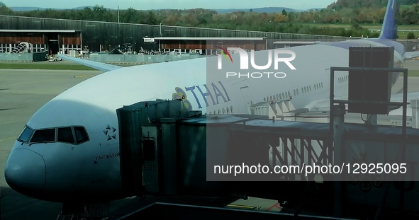 A Thai Airways plane parks ready for boarding at Zurich Airport in Switzerland, on October 28, 2025.  by Mike Campbell/NurPhoto