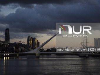 The Puente de la Mujer (Women's Bridge) is a cable-stayed bridge with a counterweight pylon, designed by the Spanish architect Santiago Cala... by Catriel Gallucci Bordoni/NurPhoto