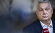 Prime Minister of Hungary Victor Orban does a doorstep press briefing after the end of the...