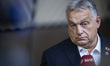 Prime Minister of Hungary Victor Orban does a doorstep press briefing after the end of the...