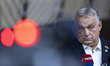 Prime Minister of Hungary Victor Orban does a doorstep press briefing after the end of the...
