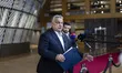 Prime Minister of Hungary Victor Orban does a doorstep press briefing after the end of the...