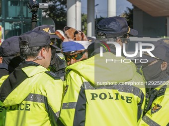 In Gimhae, South Korea, on October 30, 2025, South Korean police stop a Chinese denounce and pro-U.S. protesters shout their slogans near Gi... by Seung-il Ryu/NurPhoto
