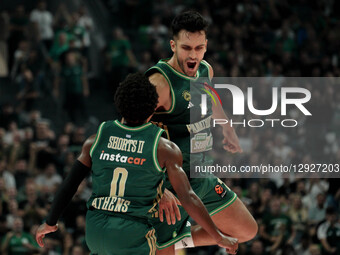 Omer Yurtseven and T.J. Shorts participate in the EuroLeague match between Panathinaikos and Maccabi Tel Aviv in Athens, Greece, on October... by Giorgos Arapekos/NurPhoto