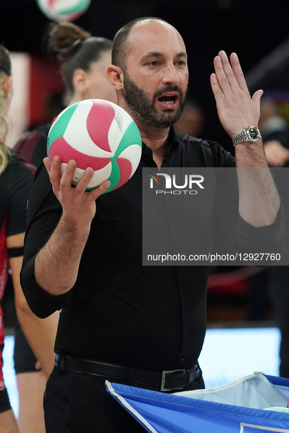Andrea Giovi, head coach of Bartoccini MC Restauri Perugia, looks on during the warm-up of the match between Bartoccini MC Restauri Perugia... by Loris Cerquiglini/NurPhoto