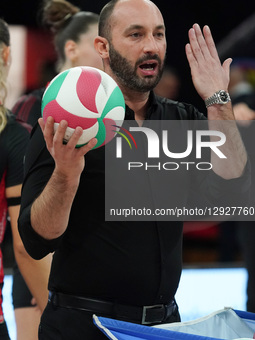 Andrea Giovi, head coach of Bartoccini MC Restauri Perugia, looks on during the warm-up of the match between Bartoccini MC Restauri Perugia... by Loris Cerquiglini/NurPhoto
