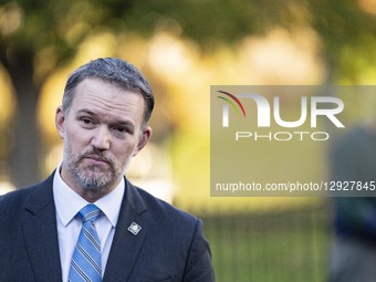 U.S. Trade Representative Jamieson Greer comes and talks to the press after an interview with Fox at the White House in Washington, D.C., on... by Andrew Thomas/NurPhoto