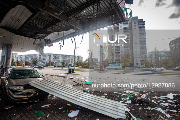 A gas station is damaged in Sumy, Ukraine, after a Russian drone attack, on October 30, 2025.  by Francisco Richart Barbeira/NurPhoto