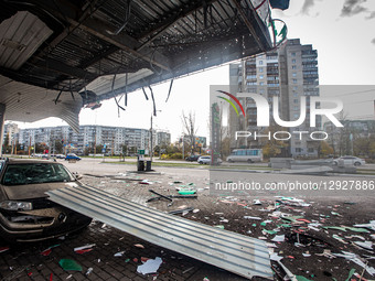 A gas station is damaged in Sumy, Ukraine, after a Russian drone attack, on October 30, 2025.  by Francisco Richart Barbeira/NurPhoto