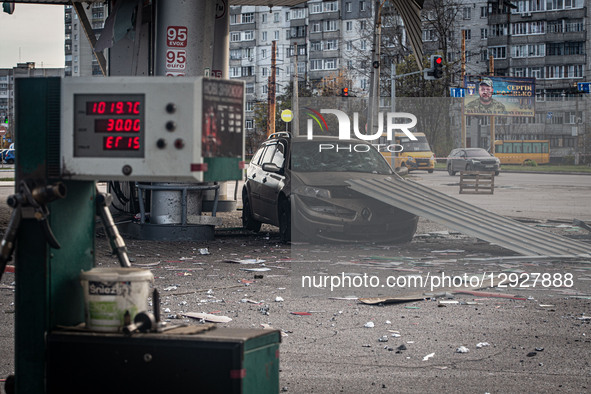 Damage to a gas station in Sumy, Ukraine, occurs after the impact of a Russian kamikaze drone, on October 30, 2025.  by Francisco Richart Barbeira/NurPhoto