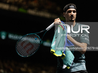 Lorenzo Sonego (ITA) plays against Daniil Medvedev in the men's singles match on day four of the Paris ATP Masters 1000 tennis tournament at... by Ibrahim Ezzat/NurPhoto