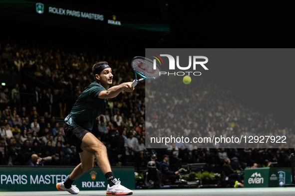 Lorenzo Sonego (ITA) plays against Daniil Medvedev in the men's singles match on day four of the Paris ATP Masters 1000 tennis tournament at... by Ibrahim Ezzat/NurPhoto